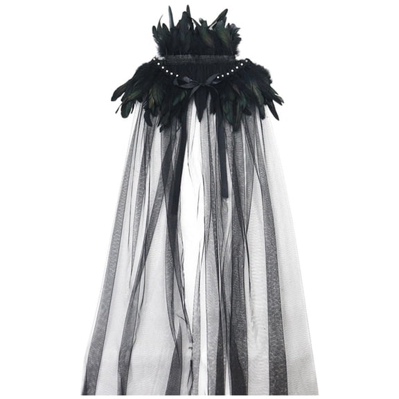 Jiibva Women Halloween Evil Queen Feather Collar Tulle Cloak Vampire Cape Black 182cm