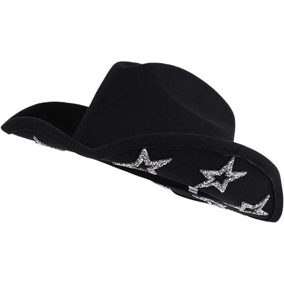 Jiibva Women Men Western Style Cowgirl Hat Wide Brim Rhinestone Star Western Hats for Wedding Carnival Rave Party Travel