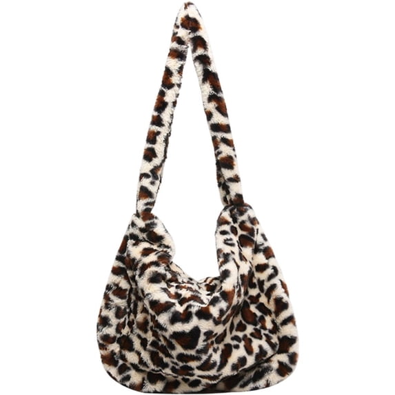 Jiibva Women Plush Leopard Print Bag Underarm Shoulder Bag Large Capacity Handbag Winter Plush Shopping Tote Bag