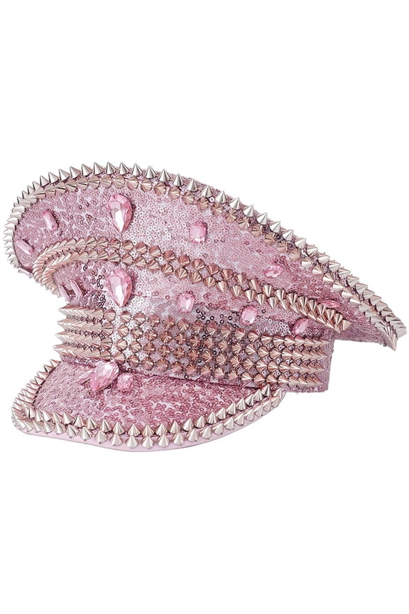 Women Shiny Rhinestones Hat Studded Rivet Party Ball Punk Style Captain Fashionable Steampunk Caps for