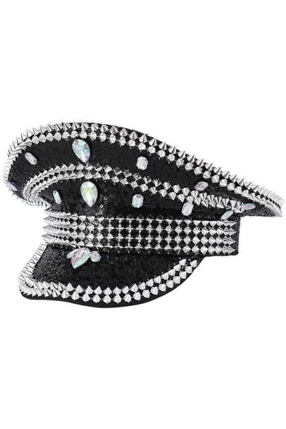 Women Shiny Rhinestones Hat Studded Rivet Party Ball Punk Style Captain Fashionable Steampunk Caps for