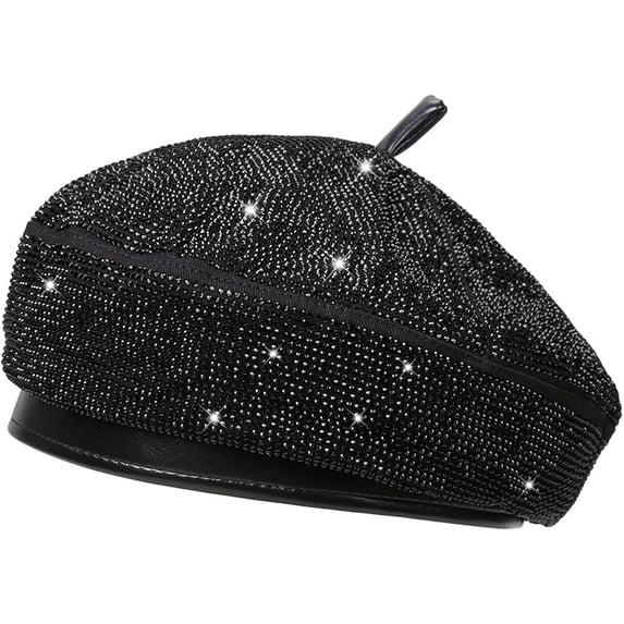 Jiibva Women Vintage Beret Leather Beret With Rhinestones Classic French Berets Hat Lightweight Winter Hat Chic PU Leather Berets Artist Painter Cap