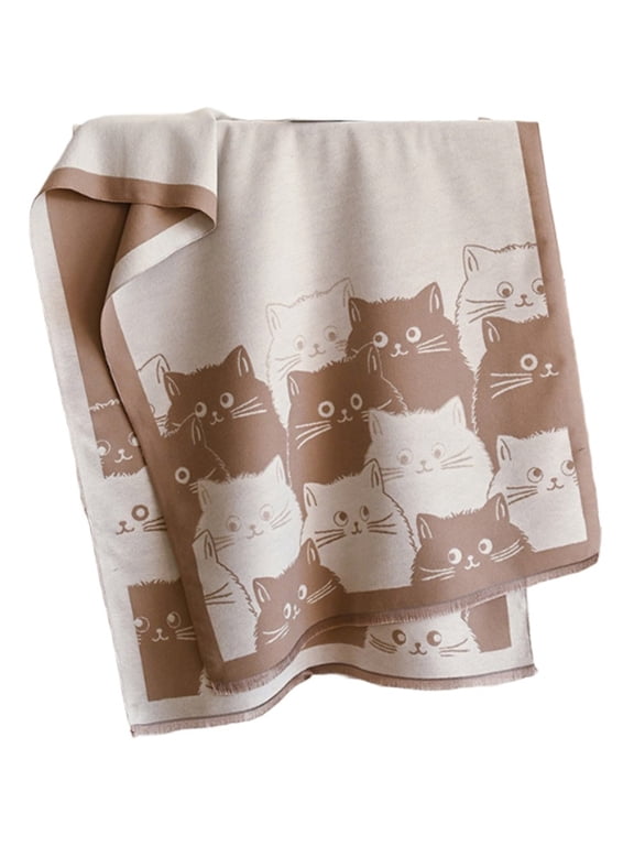 Women's Cat Print Scarf, Soft Long Polyester Shawl Wrap with Jacquard Design for Fall and Winter