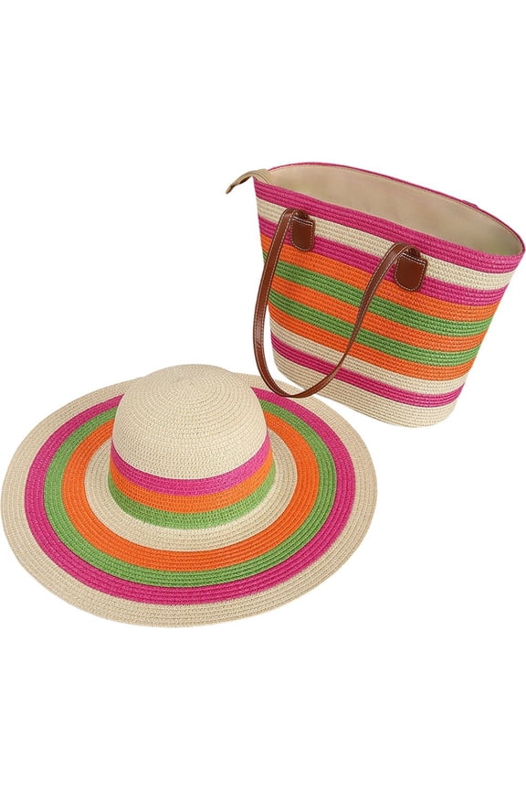 Women's Straw Totes and Hat Set, Striped Large Capacity Shoulder Bag, Summer Shade Beach Sun Hat Bucket Cap Tote Bags Set for Travel and Shopping
