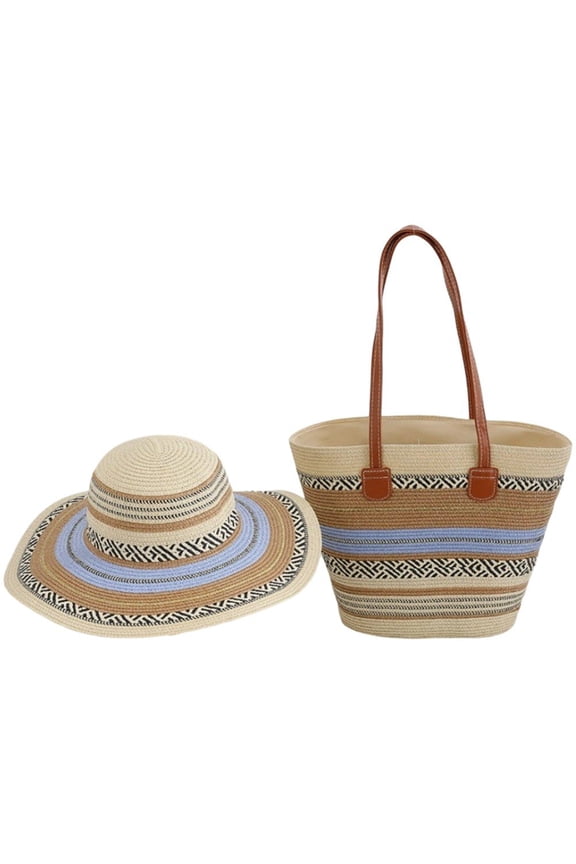 Women's Straw Totes and Hat Set, Stylish Striped Large Capacity Shoulder Bag, Summer Beach Sun Bucket Cap Tote Bags Set for Travel and Shopping