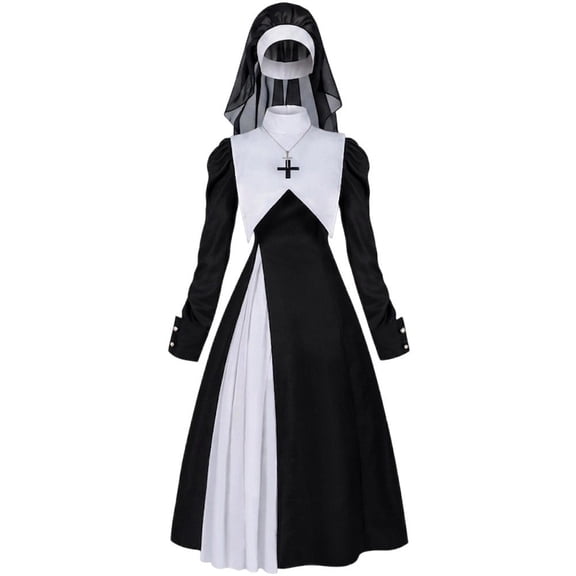 Jiibva Womens Medieval Nun Costume Dress Veil Collar Set Black L