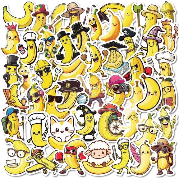 Jiibva Yellow Banana Stickers 50Pcs Funny Banana Series Decals Waterproof Vinyl Cartoon Decals For DIY Helmet Guitar Phone Laptop Stickers