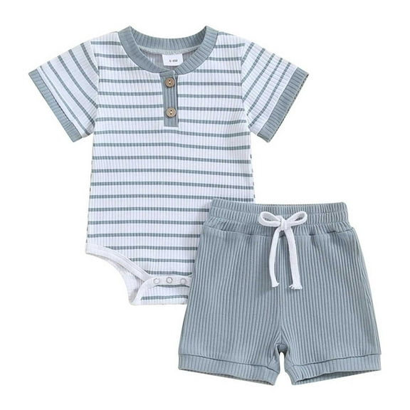 Jiilone Baby Boys Outfits Sets Summer Short Sleeve Striped Print Romper Jumpsuit With Shorts 2 Piece Soft Boys Clothes Sets