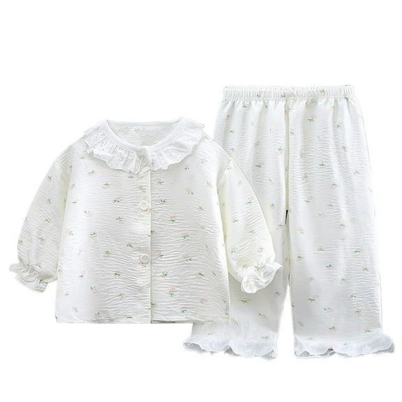 Jiilone Toddler Boys Outfit Sets Summer Lace Neck Long Sleeve Tops With Pants Casual Kids Girls Clothes 2Pcs Button Down Classic Princess Loungewear