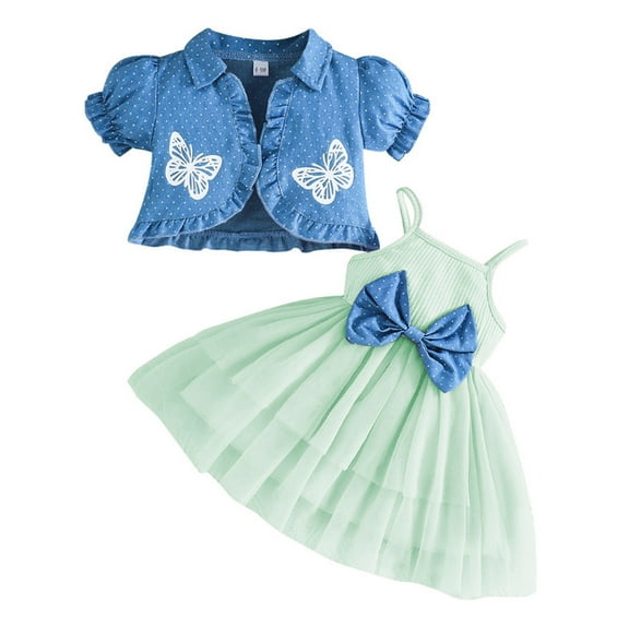 Jiilone Toddler Girls Outfits Sets Casual Summer Cami Mesh Tulle Dress With Cardigan Tops Beach Cute Bowknot Party Two Piece Girls Princess Sets