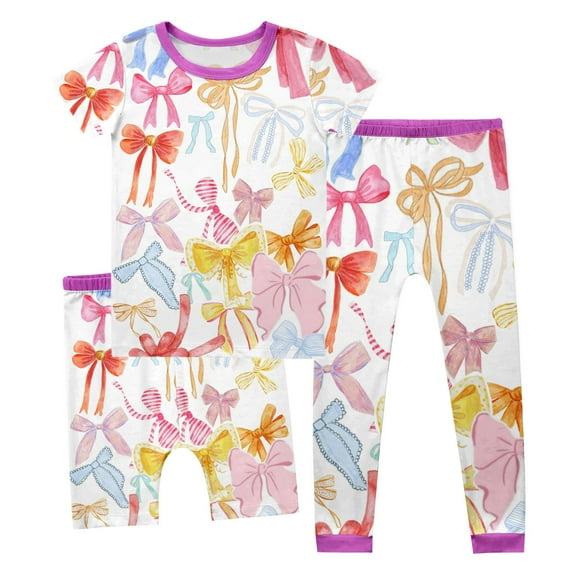 Jiilone Toddler Girls Pajamas Sets Sleepwear Cartoon Bowknot Print Short Sleeve Tops   Shorts Pants 3 Piece Girls Loose Pajamas Sets Loungewear