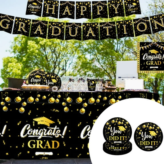 JikouIivo Black Gold Graduation Party Supplies,Disposable Tableware Set Party Decorations Birthday Party Supplies Set Disposable Plates and Napkins Plastic Tablecloths
