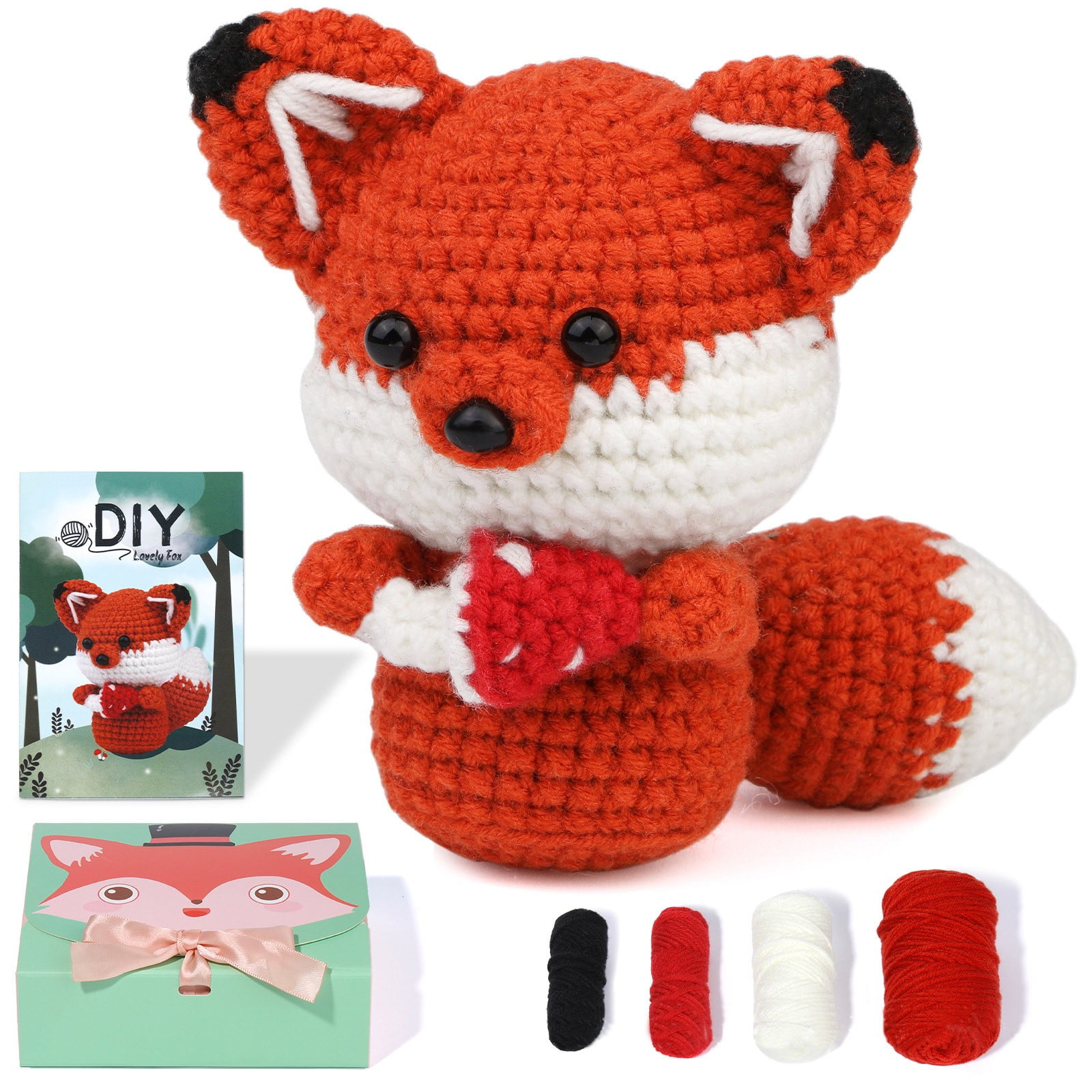 JikoIiving Knitted Diy Fox Doll- Crochet Kit Include Pattern, Yarn, Crochet  Hook, Stuffing and Knitting Needles 