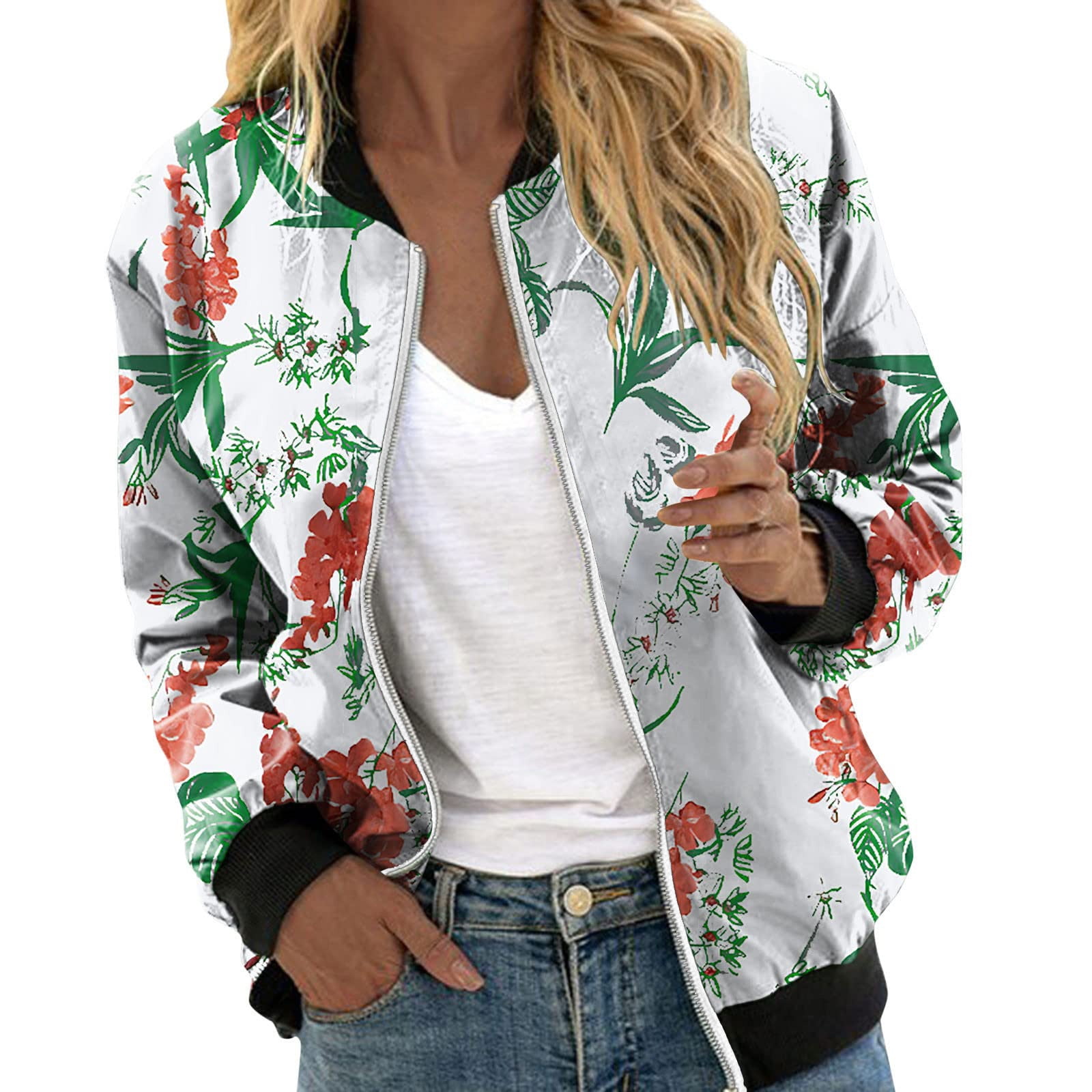 Jikolililili 2022 Women'ss Jackets Floral Print Long Sleeve Zipper Cropped  Lightweight Stand Collar Outwear Tops Coat Women's Outerwear on Clearance