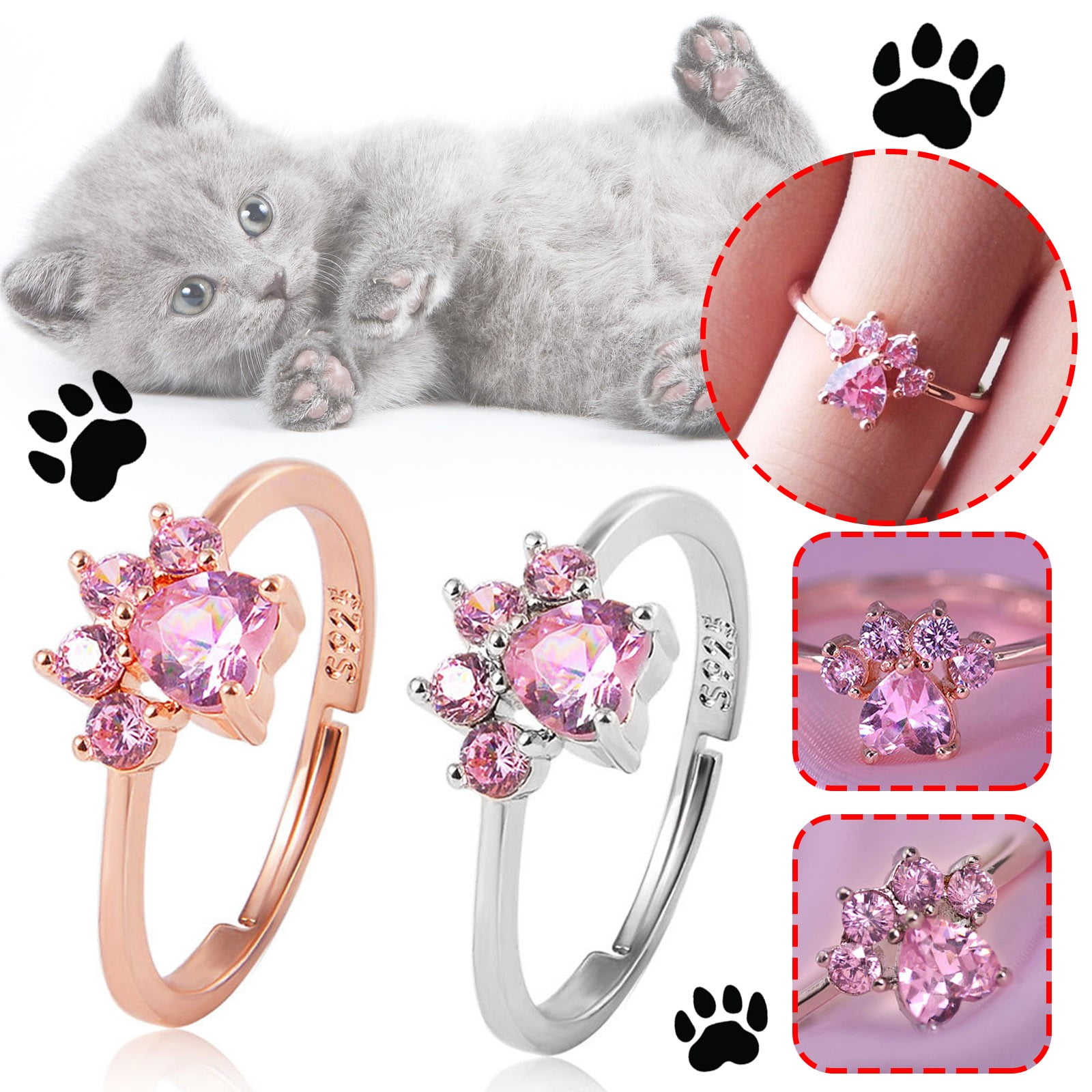 LAMOON Sterling Silver 925 Jewelry Rings For Women Pink Paw Rose Quartz Ring  Rose Gold / White Gold Platd Gemstones Jewellery