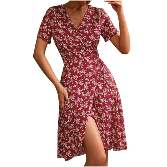 JikouIivo Maxi Dress for Women Women's Fashion Causual V-Neck Chiffon Floral Boho Beach Short Sleeve Dress