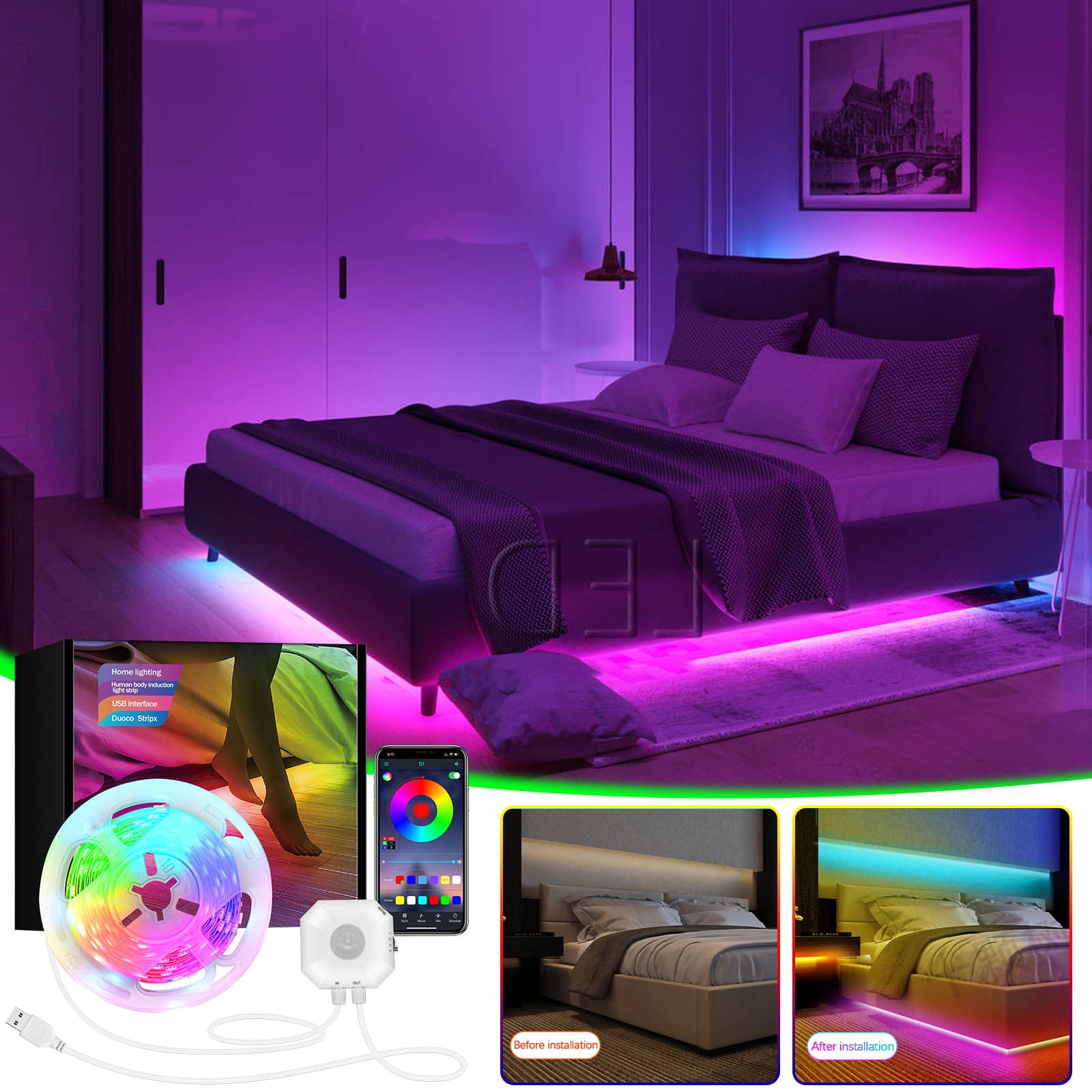Jikolililili Motion Activated Bed Light, Flexible LED Strip Motion