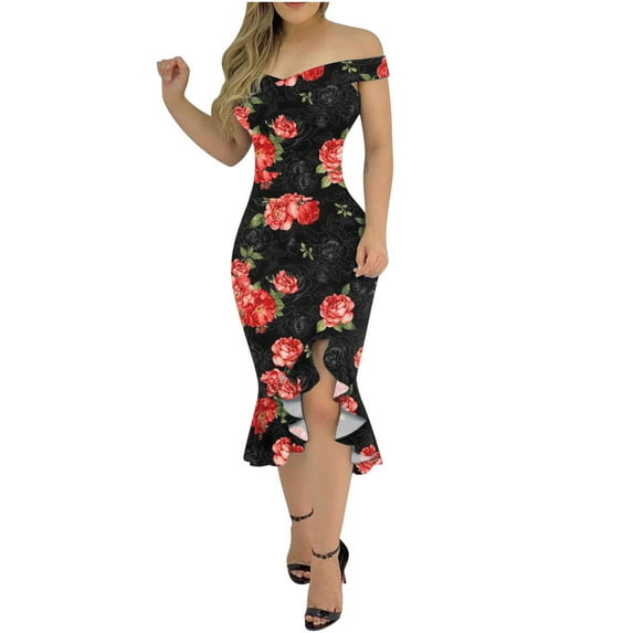 JikouIivo Off Shoulder Slit Midi Dress, Irregular Tight-Fitting Hip Print Dress, Sexy Sleeveless Floral Printed Dress