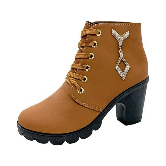 Jikolililili Women Boots Retro Thick Heel High Heel Shoes Boots Plus Size Lace Up Boots Women's Shoes on Clearance