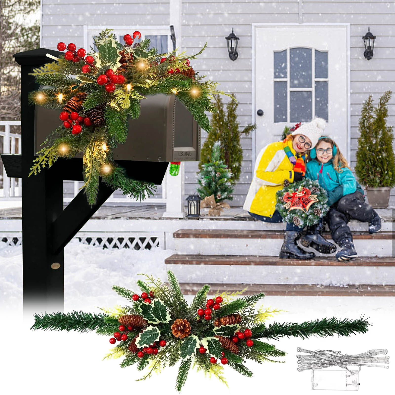 JikouIivo Christmas Mailbox Swag with Wintry Berries and 30 Battery Operated LED Lights for Christmas Home Decor