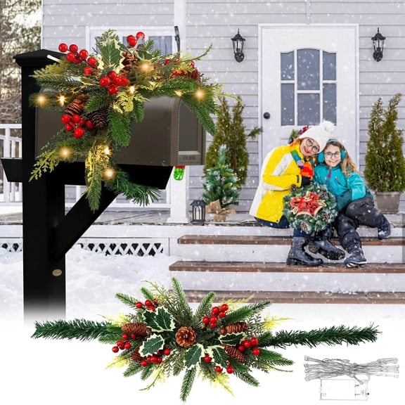 JikouIivo Christmas Mailbox Swag with Wintry Berries and 30 Battery Operated LED Lights for Christmas Home Decor