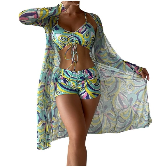 JikouIivo High Waist Bikinis Sexy 3 Piece Bikini Set Cover Up Swimsuit for Women Long Sleeve Push Up Swimwear Beach Wear 2023 Swimsuit Women Three Piece