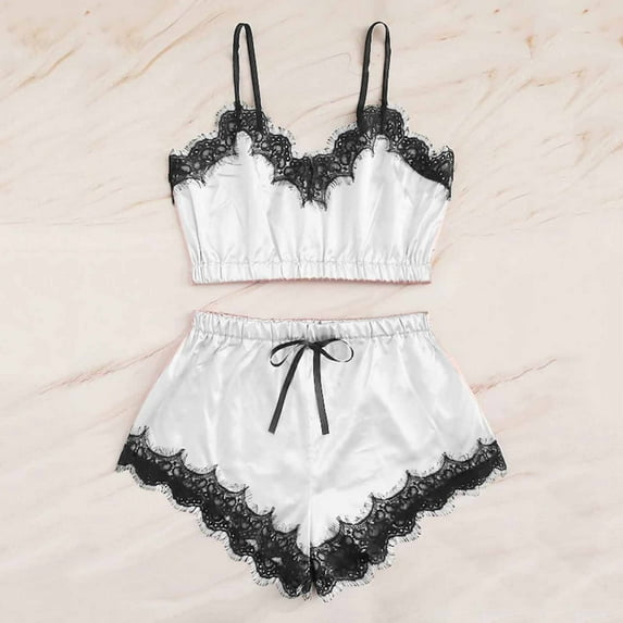 JikouIivo Women Pajama Set Lace Trim Short Women Cami Pajama Set Modal Sleepwear Lace Trim Short PJ Set with Shorts