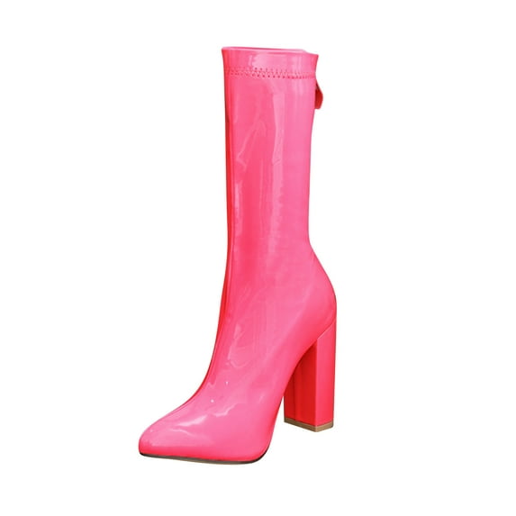 JikouIivo Women's Sexy Candy Fluorescent Color Bright Leather Back Zipper Thick High Heel Boots Women Shoes Christmas 2022 Deals Clearance