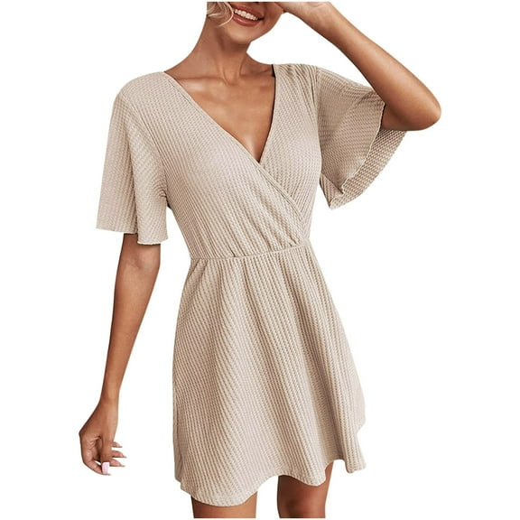JikouIivo Women's V-Neck Linen Casual Short Sleeve Dresses Empire Waist Loose Dress Mid Waist Dress