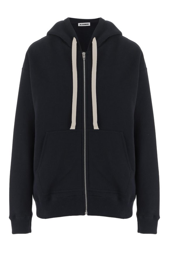 Navy Cotton Hoodie With Front Zip And Vertical Logo (Women's)