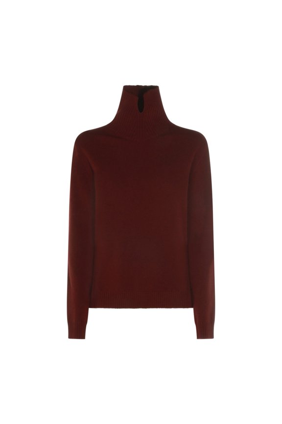 Red Wool Knit Sweater With High Ribbed Collar And Textured Detailing (Women's)