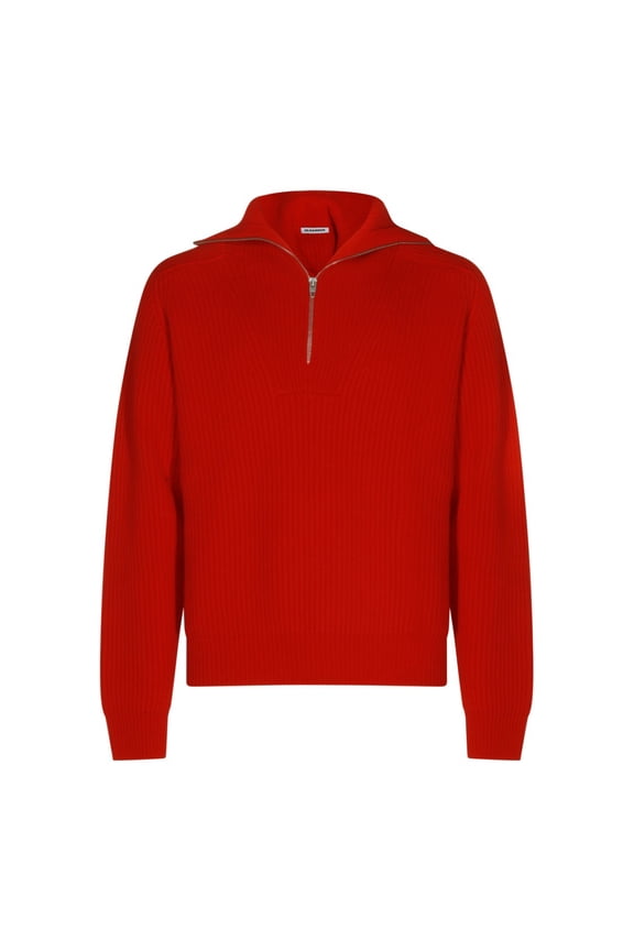 Red Wool Knit Sweater With High Zipped Collar And Ribbed Details (Men's)