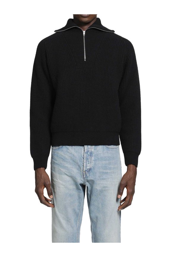 Ribbed Knit Sweater With Half-Zip Front And Wide Collar (Men's)