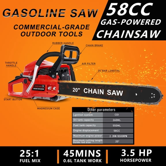 Jiledu 20 Inch Gas Chainsaw, 58CC 2-Stroke Gas Powered Chainsaw, Handheld Cordless Chainsaw, High-Power Logging Saw for Wood Cutting and Tree Trimming _Clearance Safety Goggles