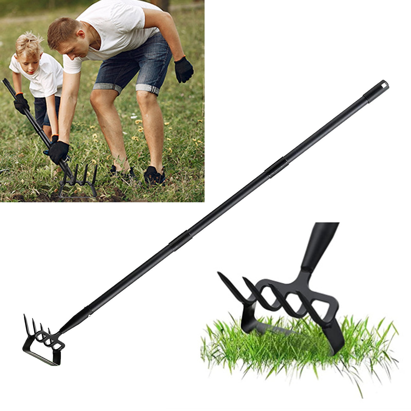 Jiledu Scuffle Hoe with 4-Tines Rake Adjustable Handle Durable Easy to ...