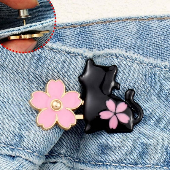 JilgTeok 1 Packs 4pcs Pant Waist Tightener Buttons Pins Sakura Rabbit/Cat Waist Buckles Adjustable Waist Buckle Extender Pants Clips No Sewing for Loose Jeans Skirts
