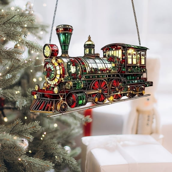 JilgTeok 1 Packs Acrylic Christmas Tree Ornament Gift Train Design Large Shatterproof Double Sided Hanging Decoration for Home Window Car Holiday Party Gift Decorations