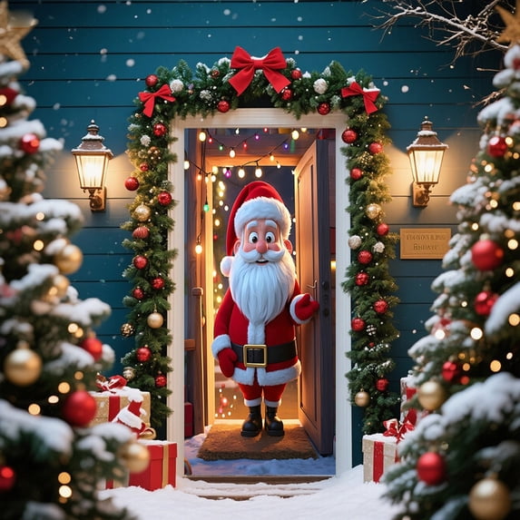 JilgTeok 1 Packs Christmas Curtain Door Hanging Fabric Santa Claus Puppy Holiday Decor for Outdoor Indoor Photo Background Party Decoration Large Size 72x35 inches