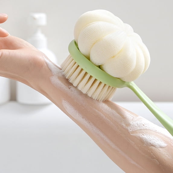 JilgTeok 1 Packs Shower Body Brush with Bristles and Loofah 3-in-1 Soft Long-handle Double-sided Bath Brush for Rubbing Back and Feet Skin Exfoliating for Men and Women
