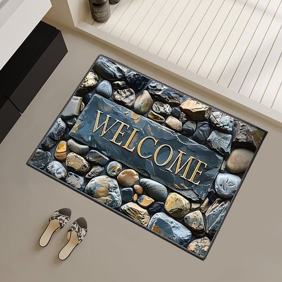 JilgTeok 1 Packs Simulation Vision Pebble Stone Print Bath Mat Non Slip Super Absorbent Quick Dry Entrance Door Floor Mat for Shower Toilet