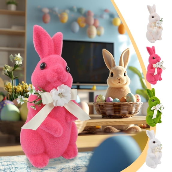 JilgTeok 1PC Easter Bunny Ornament Artificial Green Moss Flocked Bunny Standing Sculpture Garden Holiday Decorations Party Gifts Favors Table Home Decoration