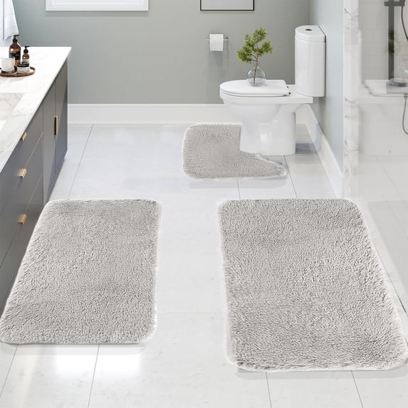 JilgTeok Bathroom Rugs Sets 3 Piece, Extra Soft and Absorbent Thick Fluffy Non Slip Microfiber Bath Mat, Quick Dry Machine Washable Carpet and Contour Toilet Rug for Bathroom Floor, Tub and Shower