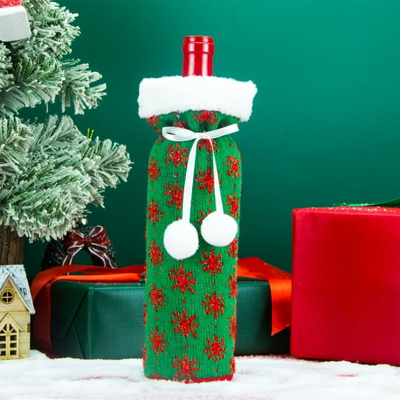 JilgTeok Christmas Wine Bags Wine Bottle Cover Red Green Christmas Wine Gift Bags for Wine Bottle Snowflake Pattern Wine Bottle Dress with Drawstring Faux Fur Collar Xmas Party Decoration(4.9*11in)