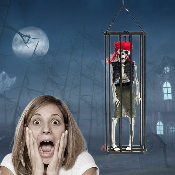 JilgTeok Halloween Animatronic Decorations Outdoor Prop Clown Skeleton + Pirate Ghost with Lighted Eye Creepy Laughter, Detachable Halloween Hanging Prisoner Cage Decor (5.9*3.1*16.9in)