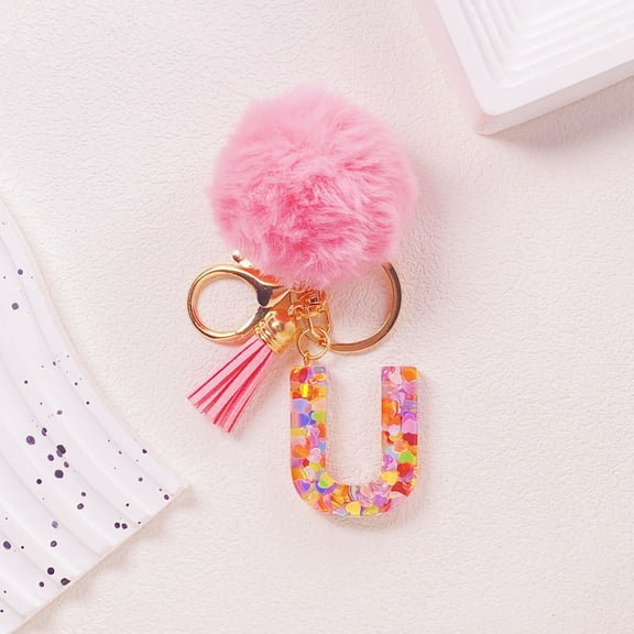 JilgTeok Home Essential Clearance Cute Initial Letter Keychains for Women Girls Tassel Plush Ball Butterfly Pink Purple Green Keychain for Backpack School Bag(3.15*3.15*1.18in)
