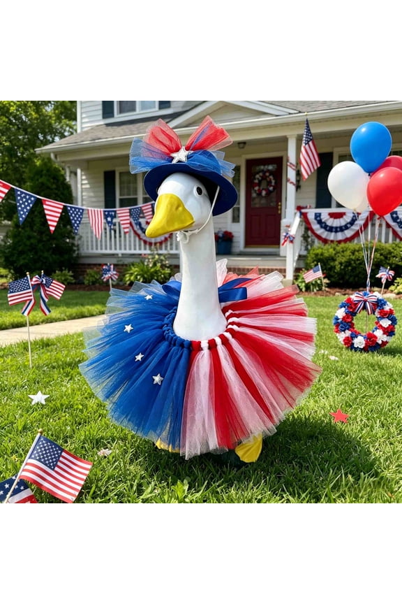 Independence Day Top Hat Tulle Skirt Costumes Patriotic Porch Goose Ornament Outfit Lightweight Washable with Sturdy Hat for Outdoor Garden Yard Decor 4th of July Memorial Day Celebration