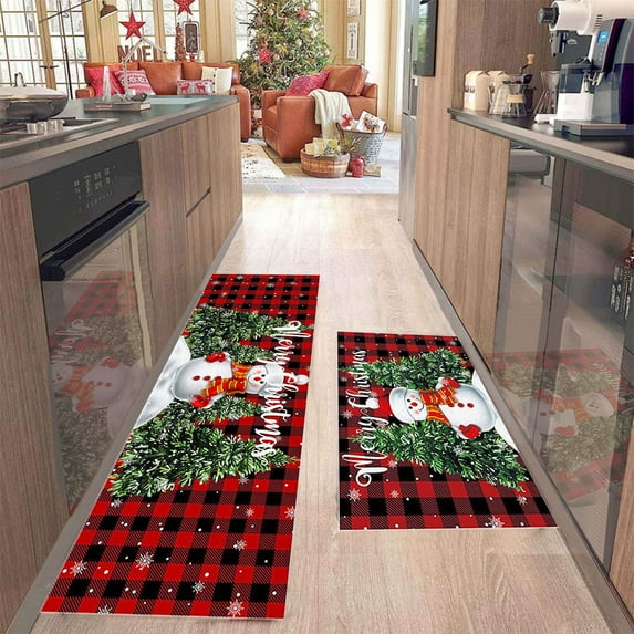 JilgTeok Merry Christmas Kitchen Rugs Sets 2 Piece Floor Mats Xmas Trees Snowman Black Red Buffalo Plaid Doormat Non-Slip Rubber Backing Area Rugs Washable Carpet Door Mat(23.6*15.7in+47.2*15.7in)