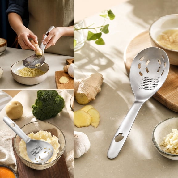 JilgTeok Multifunctional Stainless Steel Ginger Garlic Grater Spoon, Rust Proof Kitchen Utensil for Mashed Paste, Easy Clean Fine Coarse Grinding Tool for Cooking Prep