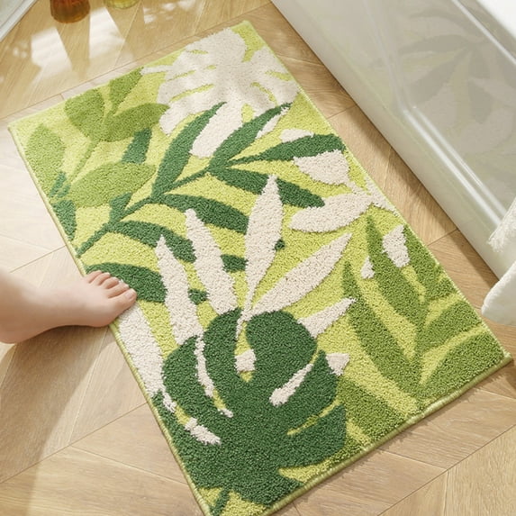 JilgTeok Non Slip Bath Mat,Monstera Green Plant Bathroom Floor Kitchen Rug for Indoor Door Mat Small Leaf Shaped Kids Pets
