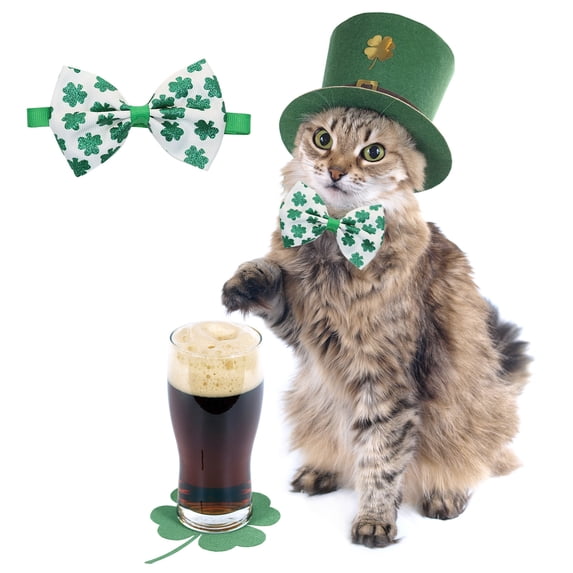 JilgTeok St Patrick's Day Pet Hat Dog Bow Ties Dog Hat Irish Festival Clovers Bow Green Clover Feather Cat Cap Adjustable Shamrock Pet Bow Ties Accessories for Most Puppy Pets Party Supplies